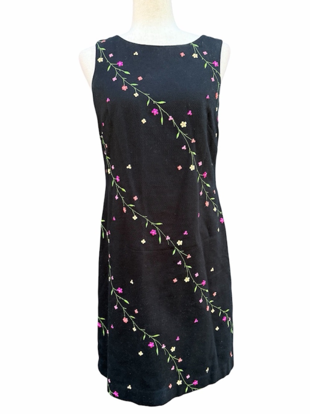 Talbots Y2K 90s Black Cotton Sleeveless Embroidered Floral Vine Shift Dress 6P
